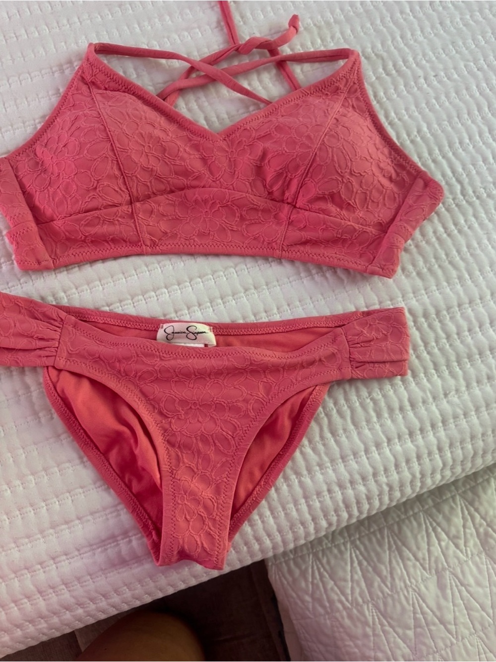 Jessica Simpson Stylish Pink Lace Bikini Set with Crisscross Straps